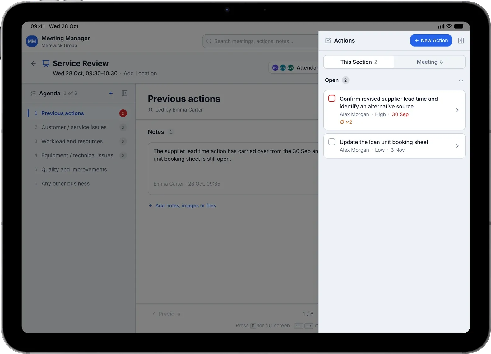 The Service Review on an iPad, opening on Previous actions with the two open actions from earlier reviews already listed.