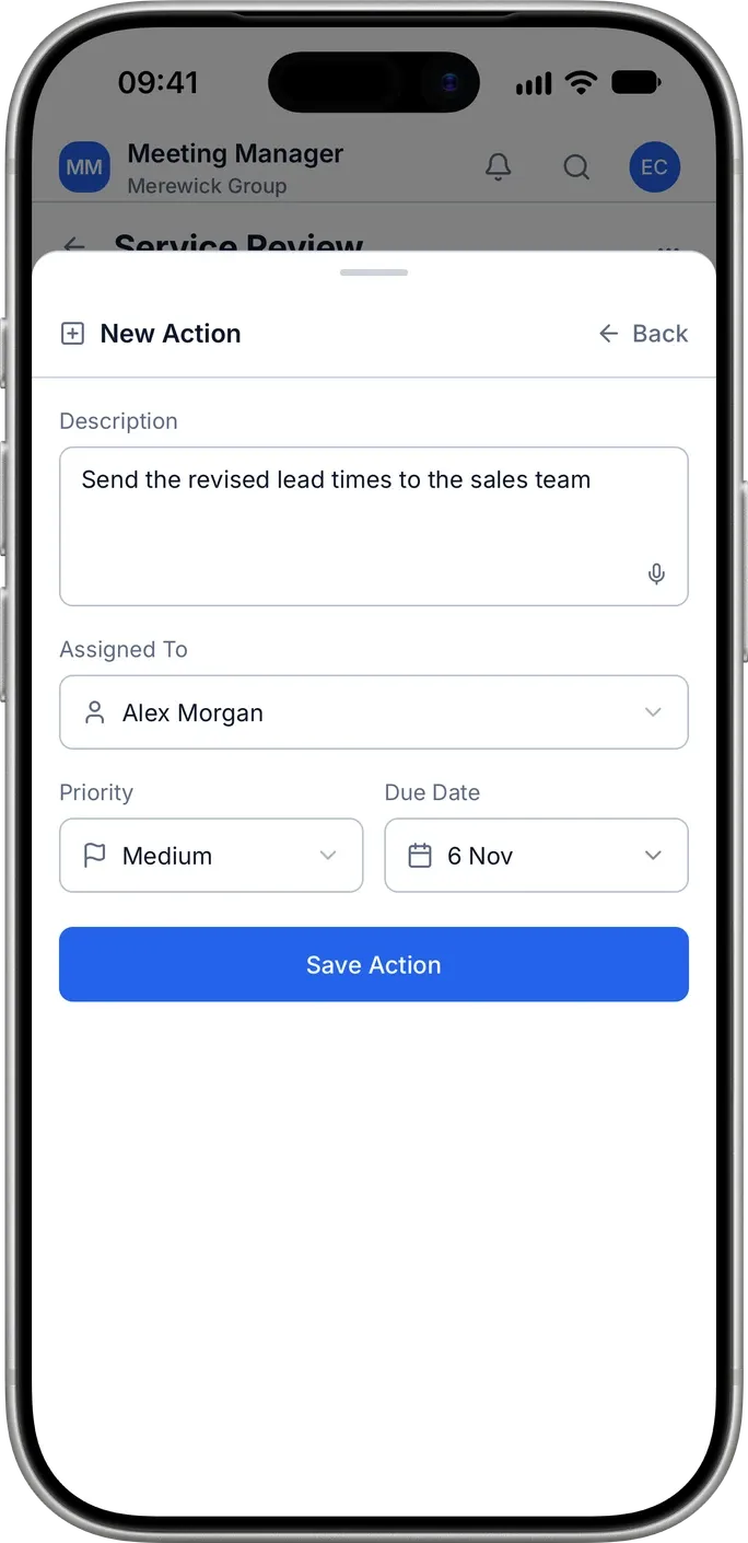 A new action on an iPhone, assigned to Alex Morgan with a priority and a due date.