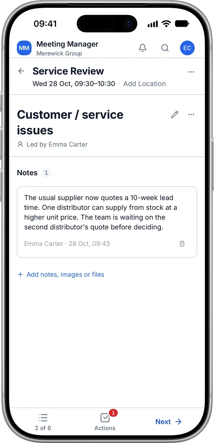 A note on an iPhone, taken under the Customer / service issues item of the Service Review.