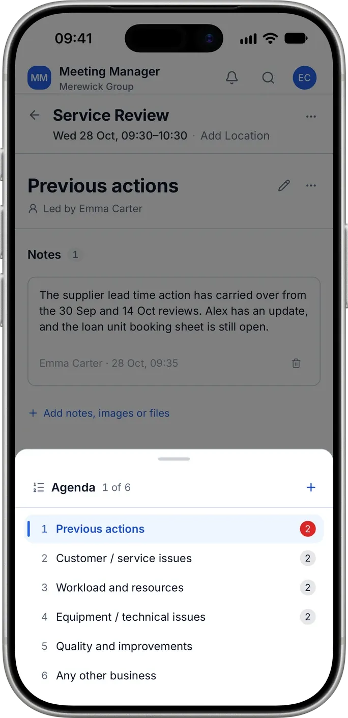 The Service Review agenda on an iPhone: six sections, starting with Previous actions.