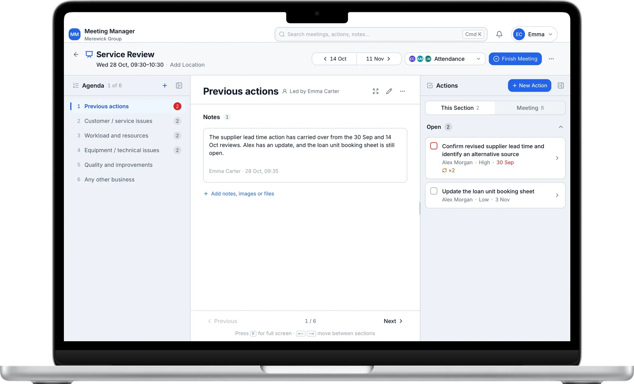 Today's Service Review on a MacBook: the agenda, notes on previous actions, and two actions carried in from earlier reviews, one of them overdue.