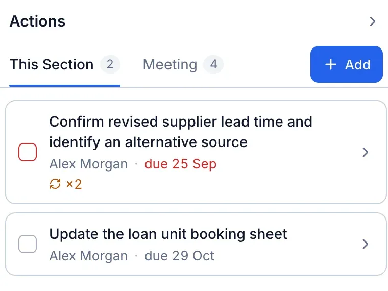 Meeting actions, each with an owner and a due date, one carried over twice.