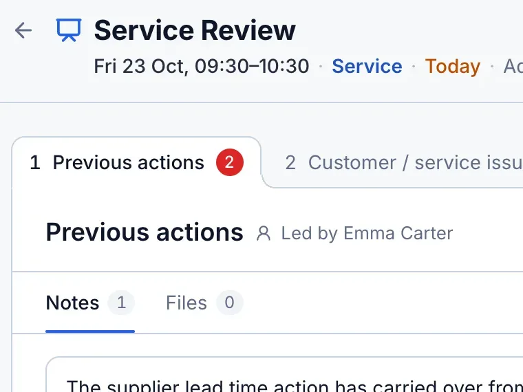 The Service Review agenda, opening on Previous actions with two actions already included.